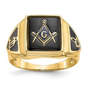 10k Men's Polished, Antiqued and Textured Onyx Masonic Ring